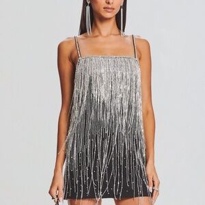 RETROFETE Juliette Embellished Crystal Fringe Black Silver Mini Dress - SMALL